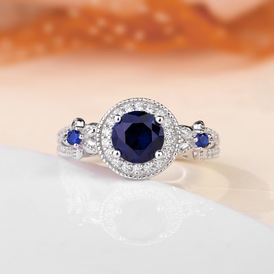 Vintage Round Cut Blue Sapphire Sterling Silver Flower Engagement Ring