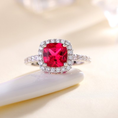 Cushion Cut Ruby 925 Sterling Silver Halo Engagement Ring