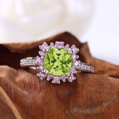 Cushion Cut Peridot Sterling Silver Flower Engagement Ring