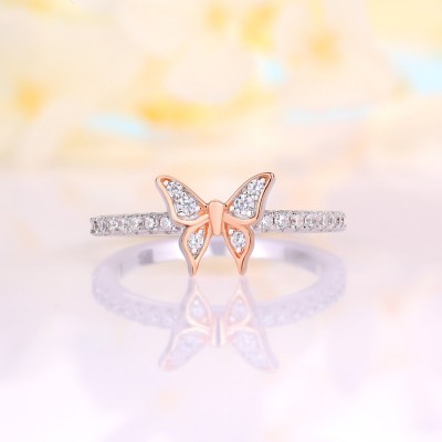 Round Cut White Sapphire 925 Sterling Silver Rose Gold Butterfly Ring 