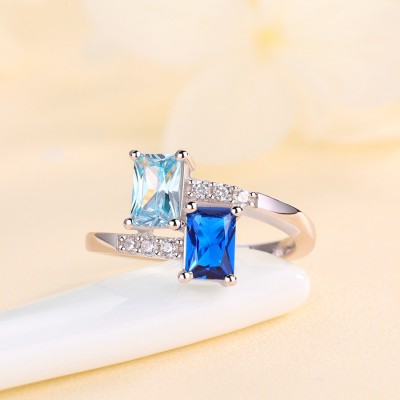 Radiant Cut Aquamarine and Blue Sapphire 925 Sterling Silver Toi et Moi Ring 