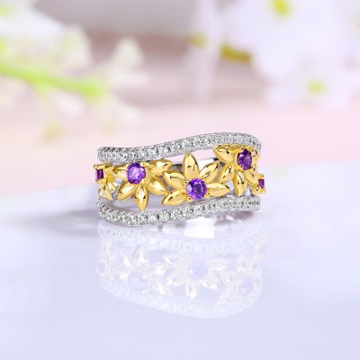 Round Cut Amethyst 925 Sterling Silver Gold Daisy Women's Band