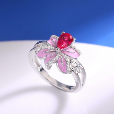 Gorgeous Pear Cut Ruby 925 Sterling Silver Orchid Flower Ring