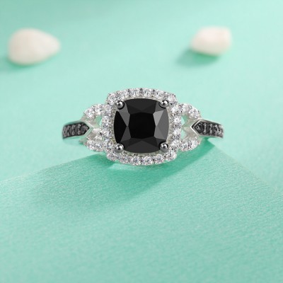 Cushion Cut Black Sapphire 925 Sterling Silver Halo Engagement Ring