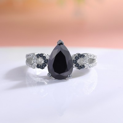 Pear Cut Black Sapphire 925 Sterling Silver Engagement Ring