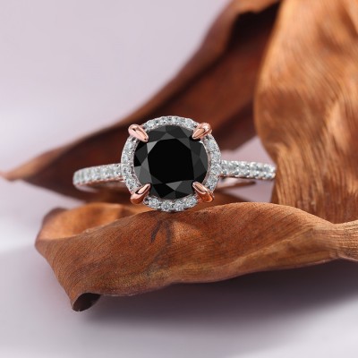 Classic Round Cut Black Sapphire 925 Sterling Silver Halo Engagement Ring