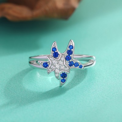 Lovely Round Cut Blue and White Sapphire 925 Sterling Silver Starfish Ring