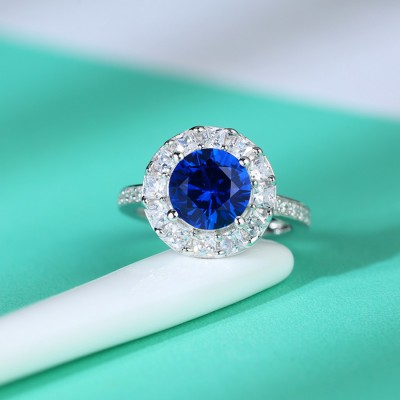 Round Cut Blue Sapphire 925 Sterling Silver Halo Engagement Ring
