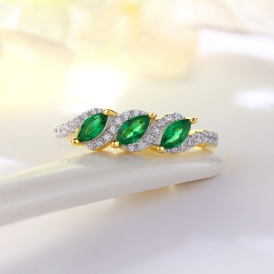 Gold Marquise Cut Emerald 925 Sterling Silver 3-Stone Engagement Ring