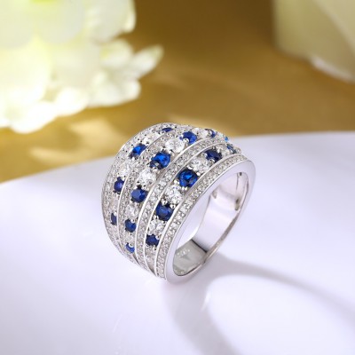 Round Cut Blue and White Sapphire 925 Sterling Silver Cocktail Ring