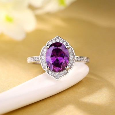 Vintage Oval Cut Amethyst 925 Sterling Silver Halo Engagement Ring