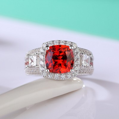 Cushion Cut Ruby 925 Sterling Silver Halo Engagement Ring