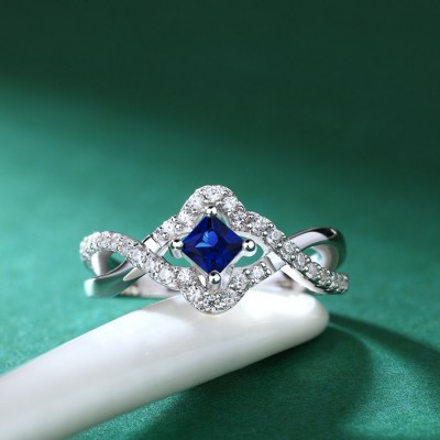 Princess Cut Blue Sapphire 925 Sterling Silver Twisted Engagement Ring