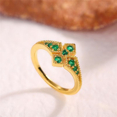 Vintage Gold Round Cut Emerald 925 Sterling Silver Engagement Ring