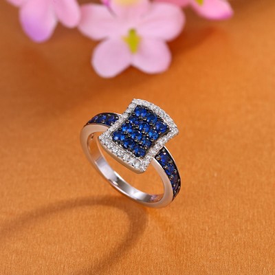 Round Cut Blue Sapphire 925 Sterling Silver Cluster Cocktail Ring