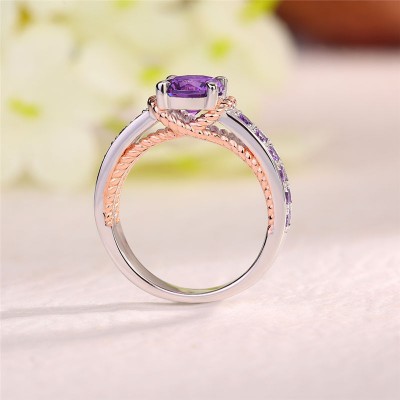 Round Cut Amethyst 925 Sterling Silver Two-Tone Engagement Ring