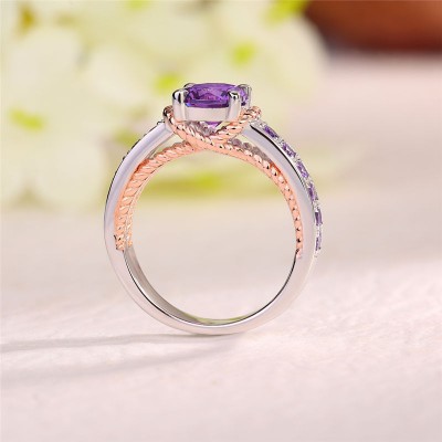 Round Cut Amethyst 925 Sterling Silver Two-Tone Engagement Ring