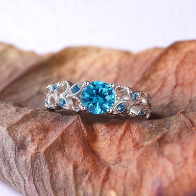 Round Cut Aquamarine 925 Sterling Silver Leaves Engagement Ring