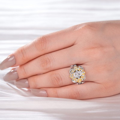 Radiant Cut White Sapphire 925 Sterling Silver Flower Engagement Ring