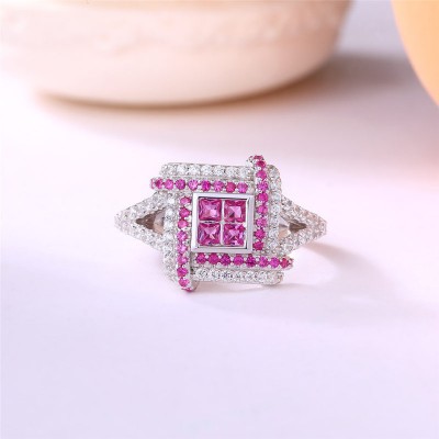 Princess Cut Pink Sapphire 925 Sterling Silver Halo Engagement Ring