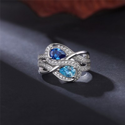 Pear Cut Aquamarine and Blue Sapphire 925 Sterling Silver Toi et Moi Ring
