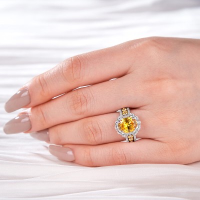 Oval Cut Yellow Topaz 925 Sterling Silver Halo Engagement Ring