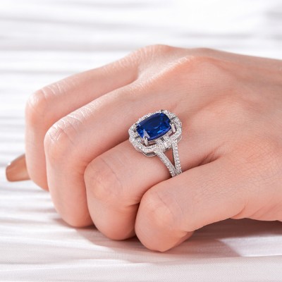 Cushion Cut Blue Sapphire 925 Sterling Silver Halo Engagement Ring