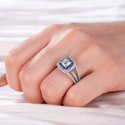 Cushion Cut White Sapphire 925 Sterling Silver Halo Engagement Ring