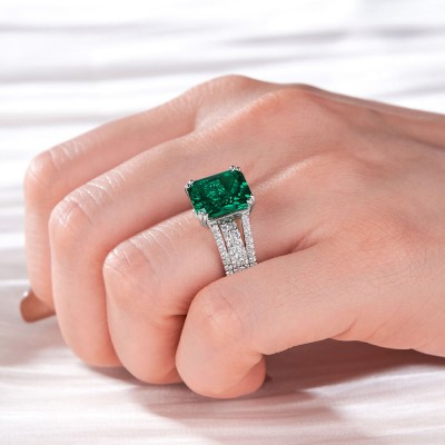 Radiant Cut Emerald 925 Sterling Silver Engagement Ring