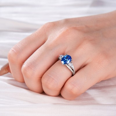 Oval Cut Blue Sapphire 925 Sterling Silver 3-Stone Engagement Ring