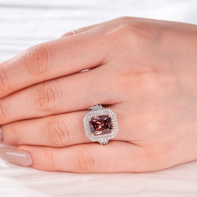 Radiant Cut Garnet 925 Sterling Silver Halo Engagement Ring