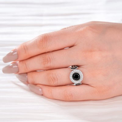 Round Cut Black Sapphire 925 Sterling Silver Halo Engagement Ring