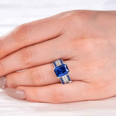 Radiant Cut Blue Sapphire 925 Sterling Silver Engagement Ring
