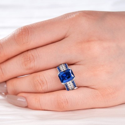 Radiant Cut Blue Sapphire 925 Sterling Silver Engagement Ring