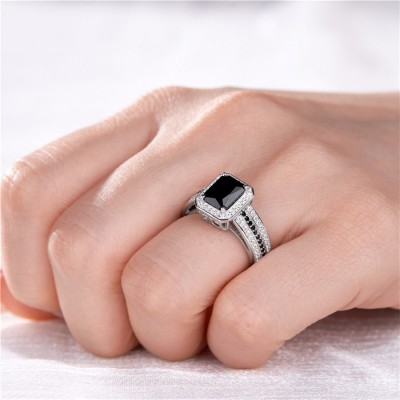 Radiant Cut Black Sapphire 925 Sterling Silver Halo Engagement Ring