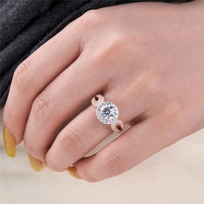Round Cut White Sapphire 925 Sterling Silver Halo Two-Tone Engagement Ring