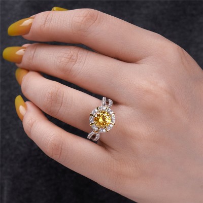 Round Cut Yellow Topaz 925 Sterling Silver Halo Engagement Ring