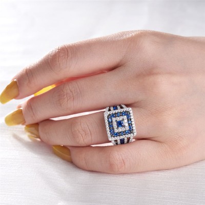 Princess Cut Blue Sapphire 925 Sterling Silver Double Halo Engagement Ring