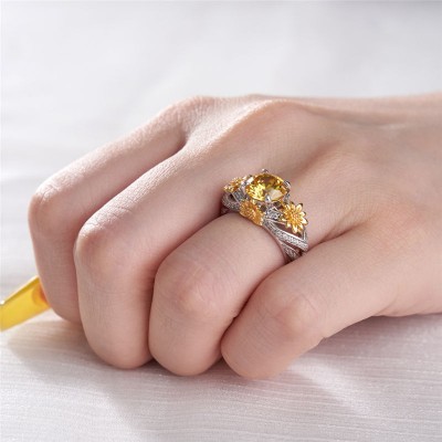 Round Cut Yellow Topaz 925 Sterling Silver Sunflower Ring