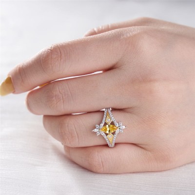 Art Deco Marquise Cut Yellow Topaz 925 Sterling Silver Engagement Ring