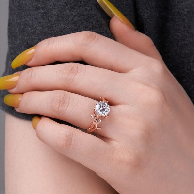 Rose Gold Round Cut White Sapphire 925 Sterling Silver Leaves Engagement Ring