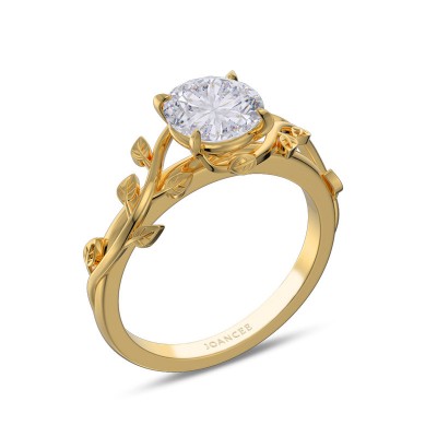 Yellow Gold Round Cut White Sapphire 925 Sterling Silver Leaves Engagement Ring