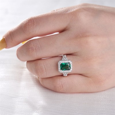 Vintage Emerald Cut Emerald 925 Sterling Silver Halo Engagement Ring