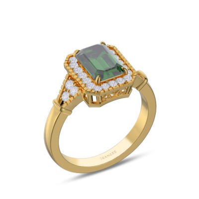 Yellow Gold Vintage Emerald Cut Emerald 925 Sterling Silver Halo Engagement Ring