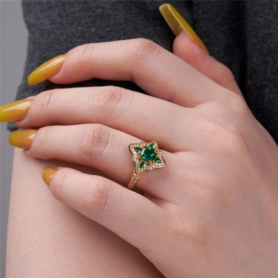 Yellow Gold Vintage Cushion Cut Emerald 925 Sterling Silver Engagement Ring