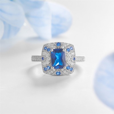 Vintage Emerald Cut Blue Sapphire 925 Sterling Silver Engagement Ring