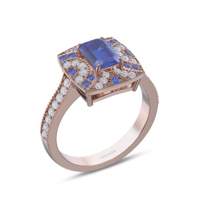 Rose Gold Vintage Emerald Cut Blue Sapphire 925 Sterling Silver Engagement Ring