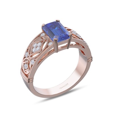 Rose Gold Art Deco Emerald Cut Blue Sapphire 925 Sterling Silver Engagement Ring