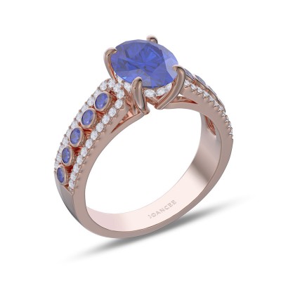 Rose Gold Oval Cut Blue Sapphire 925 Sterling Silver Engagement Ring