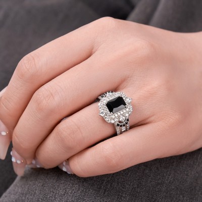 Vintage Radiant Cut Black Sapphire 925 Sterling Silver Halo Engagement Ring